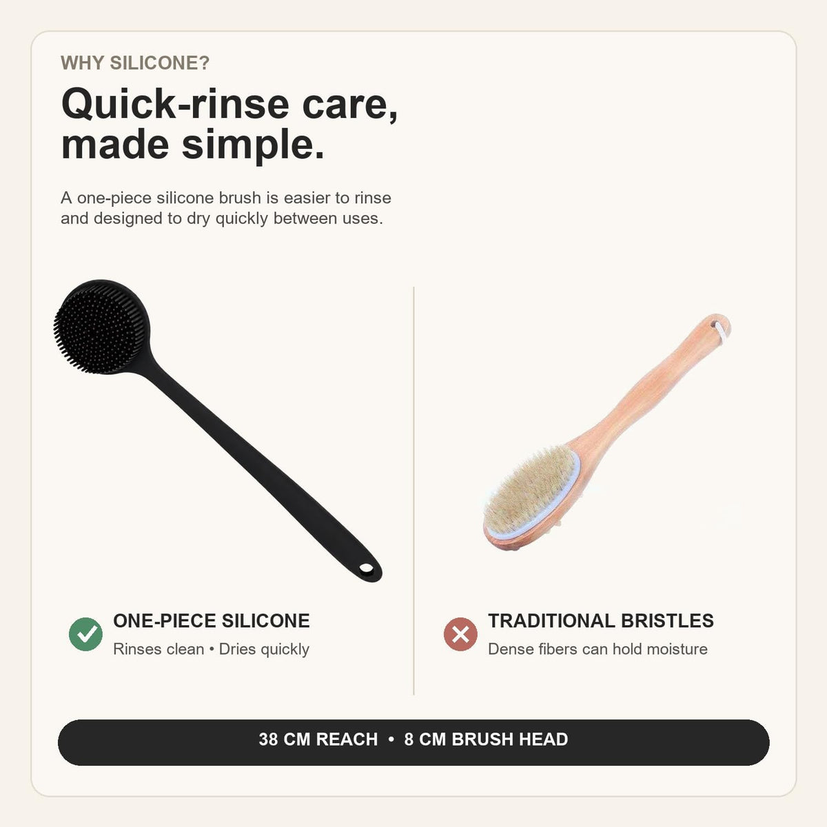 Silicone Back Scrubber for Shower, 15-Inch Long Handle Body Brush with Soft Bristles & Massage Nodes, Dual-Sided Shower Scrubber for Back, Quick Dry