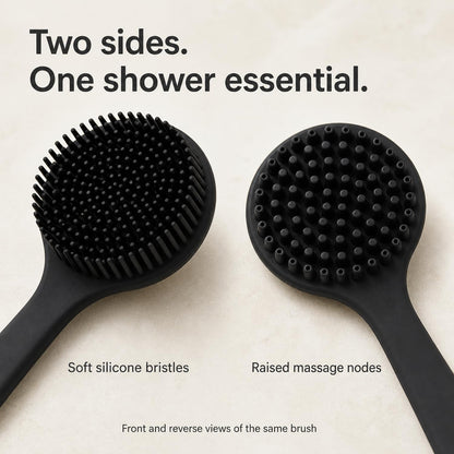 Silicone Back Scrubber for Shower, 15-Inch Long Handle Body Brush with Soft Bristles & Massage Nodes, Dual-Sided Shower Scrubber for Back, Quick Dry