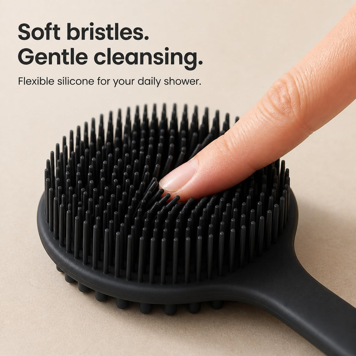 Silicone Back Scrubber for Shower, 15-Inch Long Handle Body Brush with Soft Bristles & Massage Nodes, Dual-Sided Shower Scrubber for Back, Quick Dry