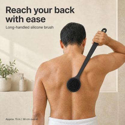 Silicone Back Scrubber for Shower, 15-Inch Long Handle Body Brush with Soft Bristles & Massage Nodes, Dual-Sided Shower Scrubber for Back, Quick Dry