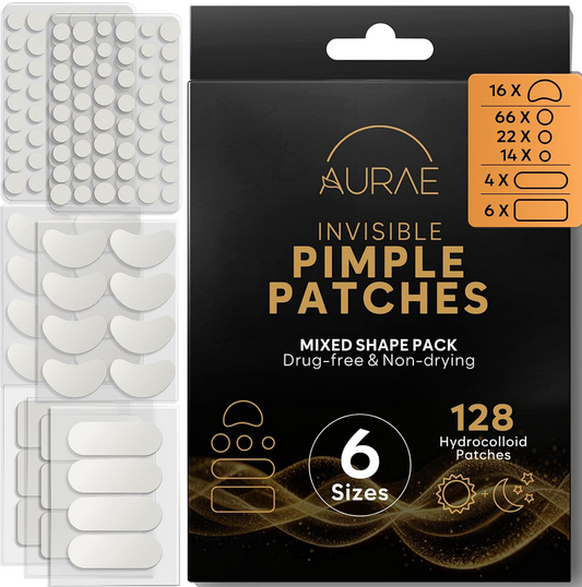 "AURAE Pimple Patches, 128 Count Variety Pack — Invisible Acne Spot Treatment, 6 Mixed Sizes for Face & Blackheads, Hydrocolloid, Hypoallergenic, Drug-Free"