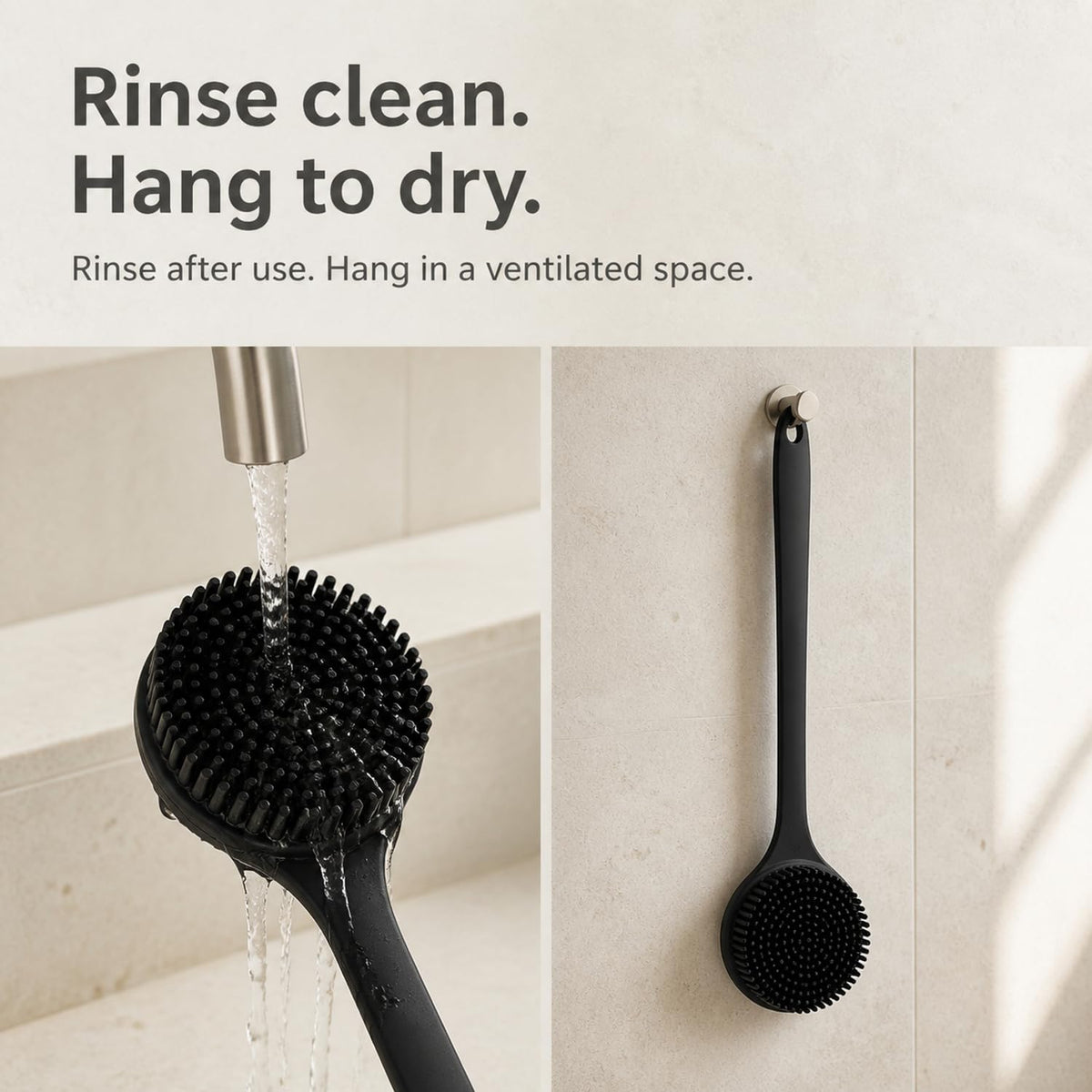 Silicone Back Scrubber for Shower, 15-Inch Long Handle Body Brush with Soft Bristles & Massage Nodes, Dual-Sided Shower Scrubber for Back, Quick Dry