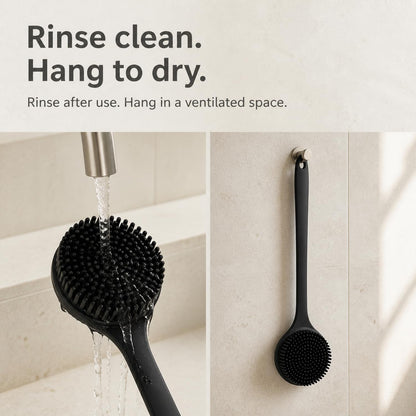 Silicone Back Scrubber for Shower, 15-Inch Long Handle Body Brush with Soft Bristles & Massage Nodes, Dual-Sided Shower Scrubber for Back, Quick Dry
